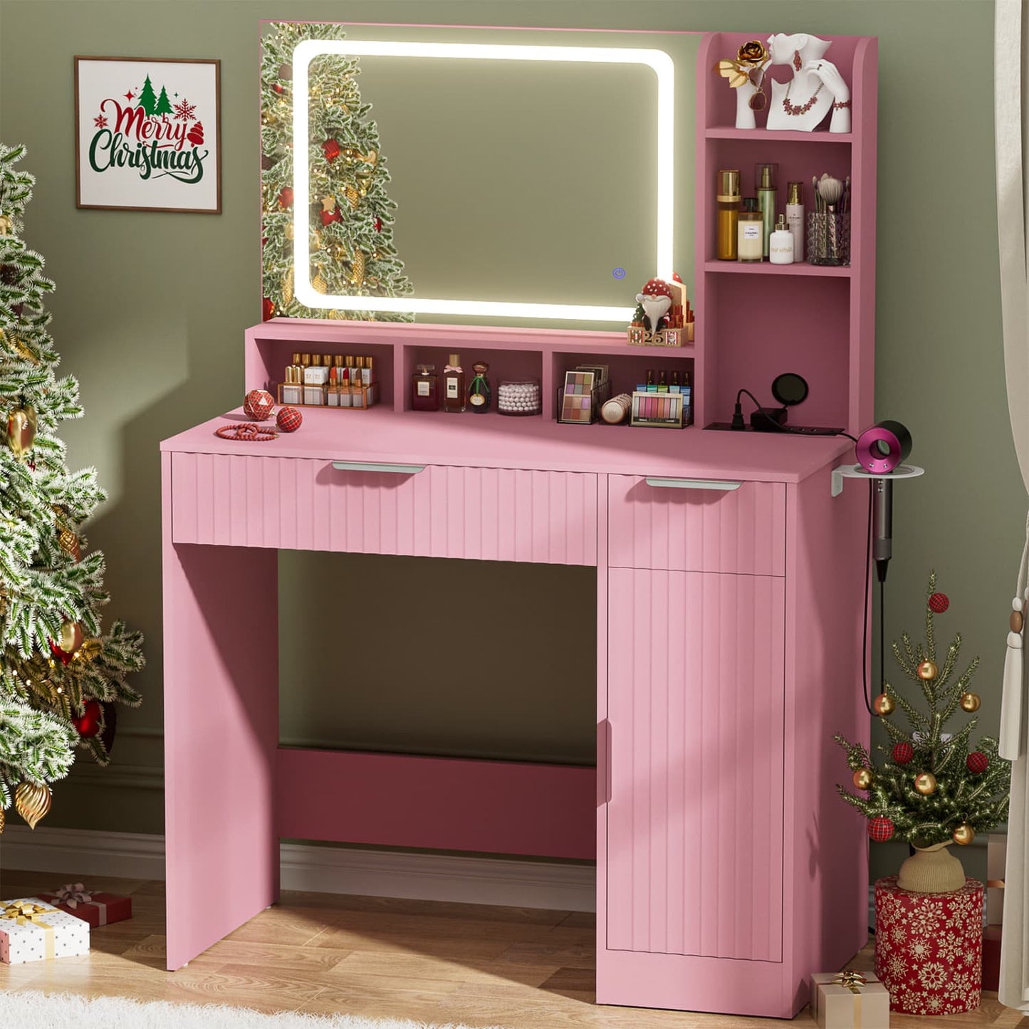Vanity Desk with Mirror and 3 Color Lights, Makeup Vanity Desk with Drawers