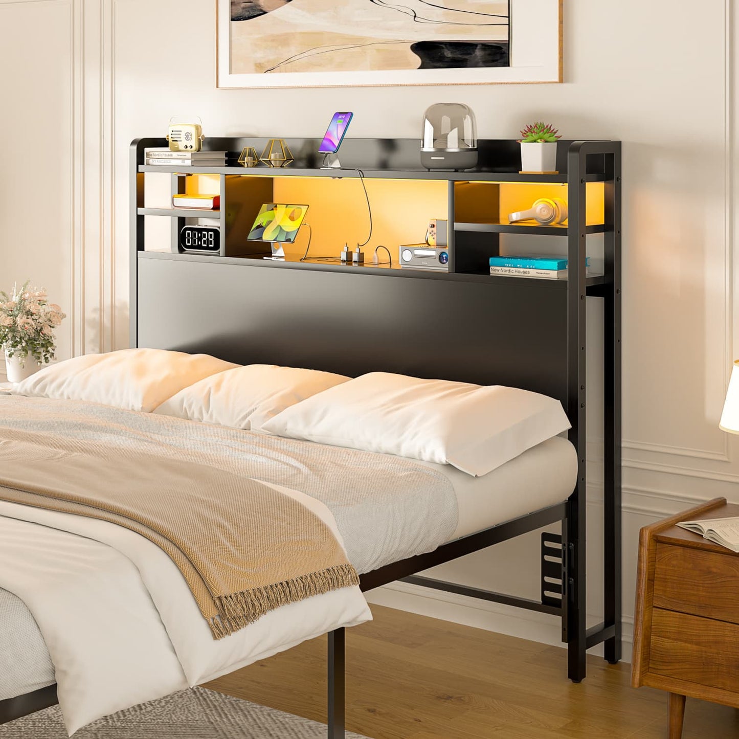 Twin Headboard with Storage shelves and Charging Station, Wood Headboard with LED Light