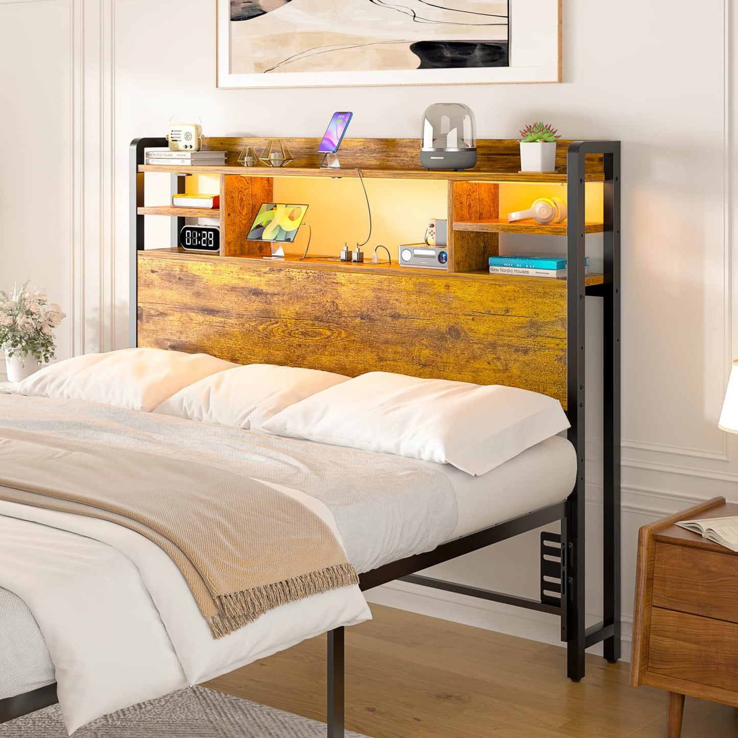 Twin Headboard with Storage shelves and Charging Station, Wood Headboard with LED Light