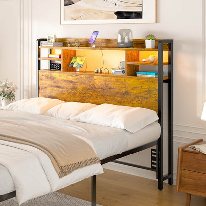 Twin Headboard with Storage shelves and Charging Station, Wood Headboard with LED Light