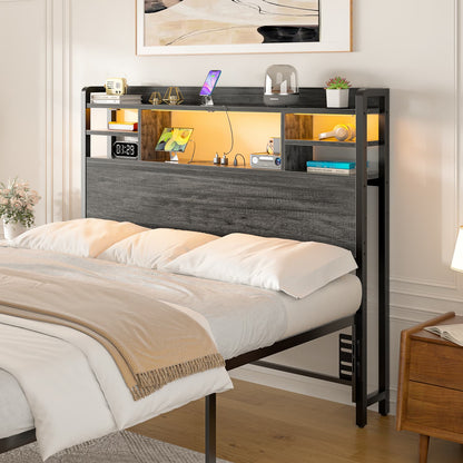Twin Headboard with Storage shelves and Charging Station, Wood Headboard with LED Light