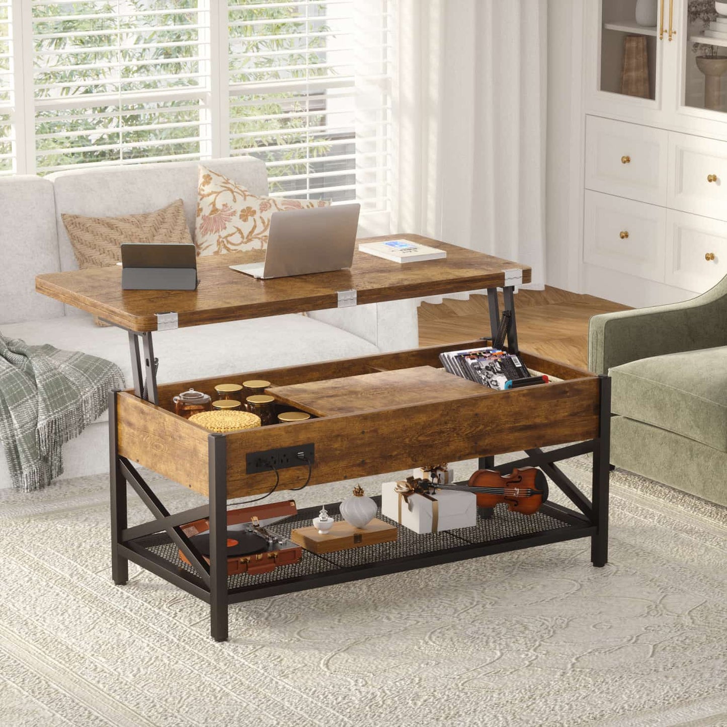 Coffee Table Lift Top with LED Light and Power Outlet