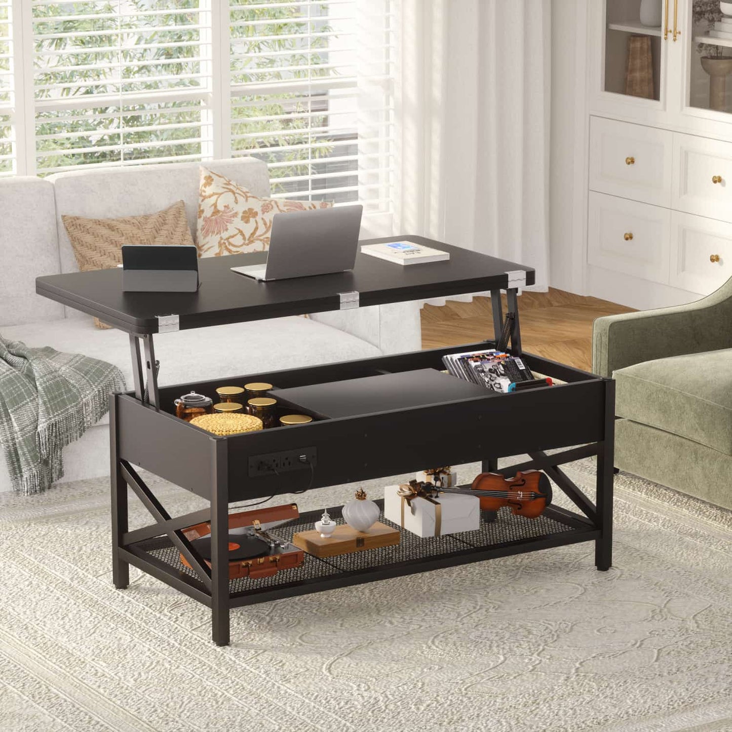 Coffee Table Lift Top with LED Light and Power Outlet