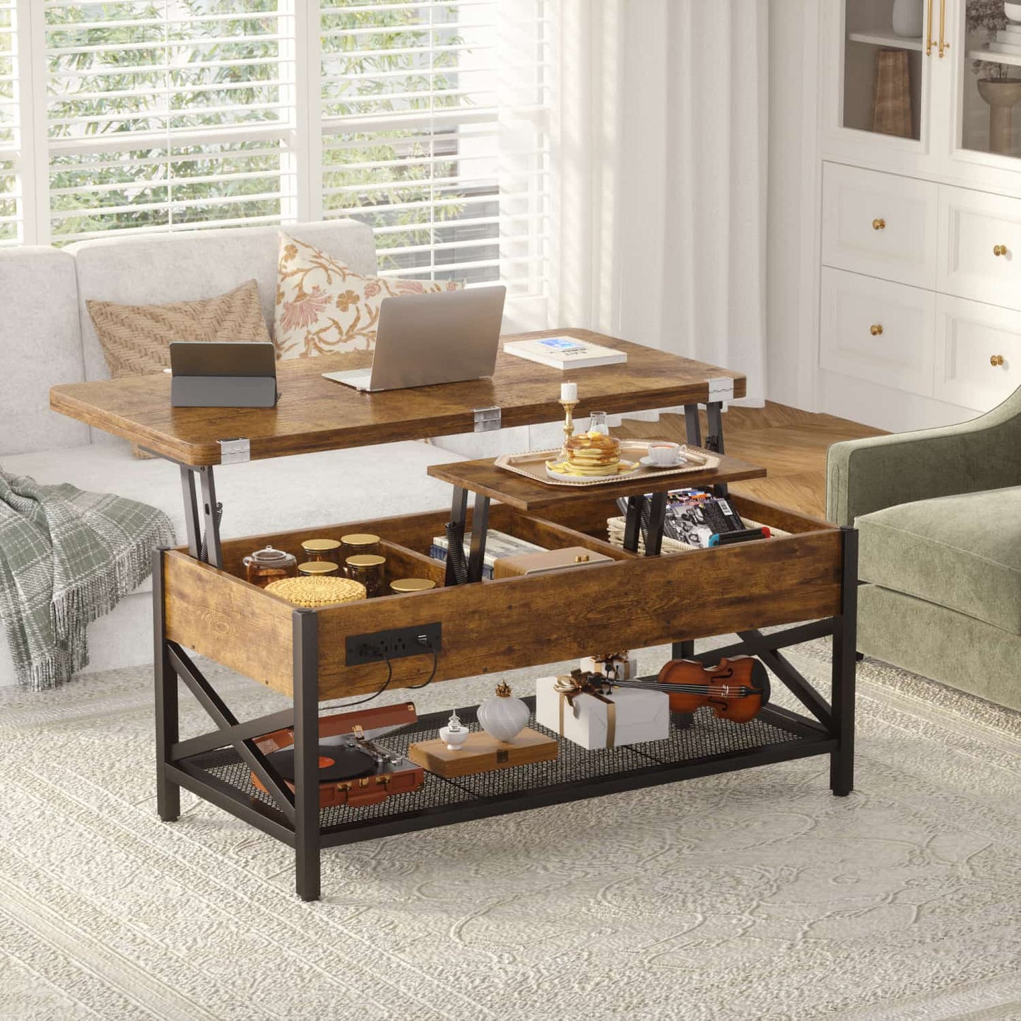 Coffee Table Lift Top with LED Light and Power Outlet