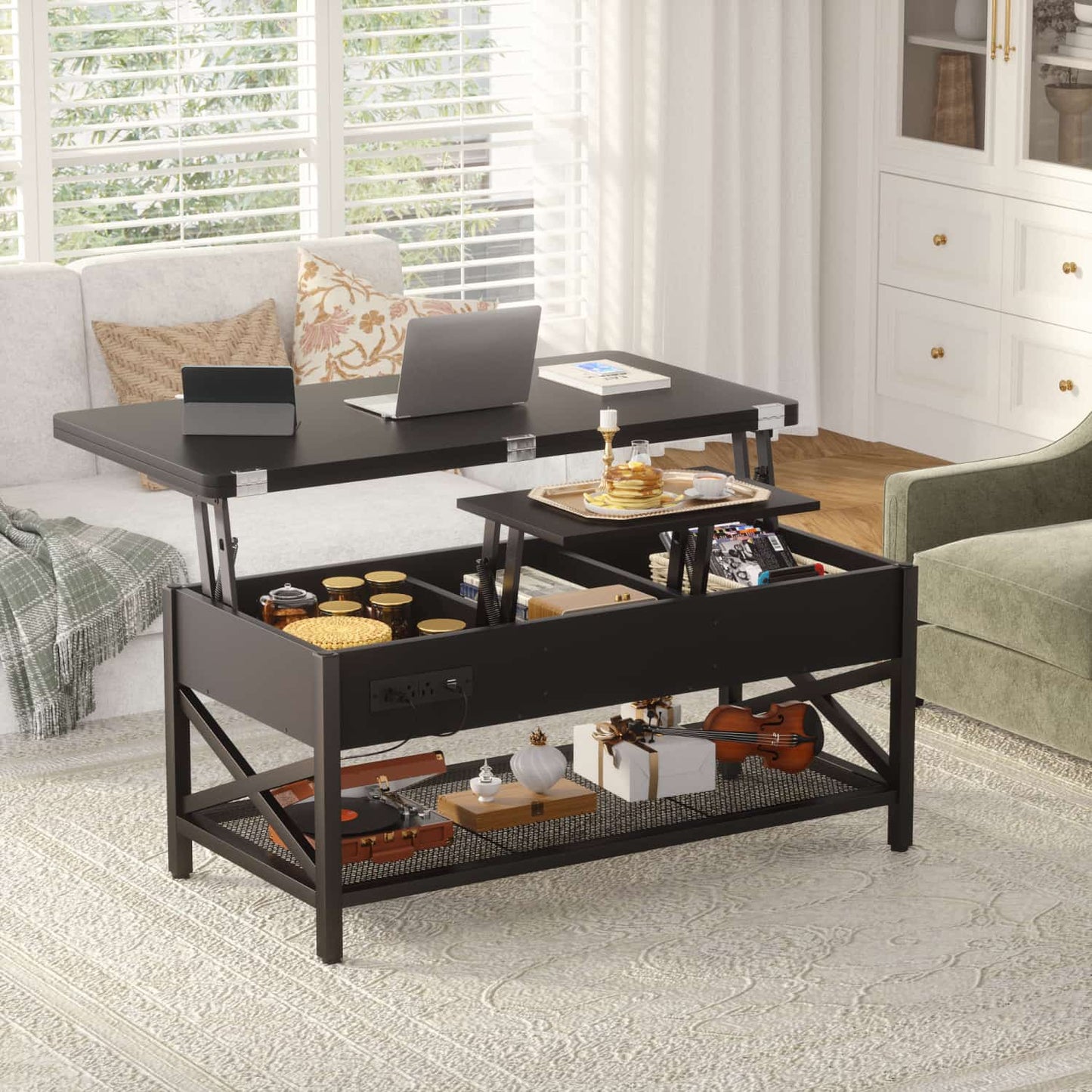 Coffee Table Lift Top with LED Light and Power Outlet