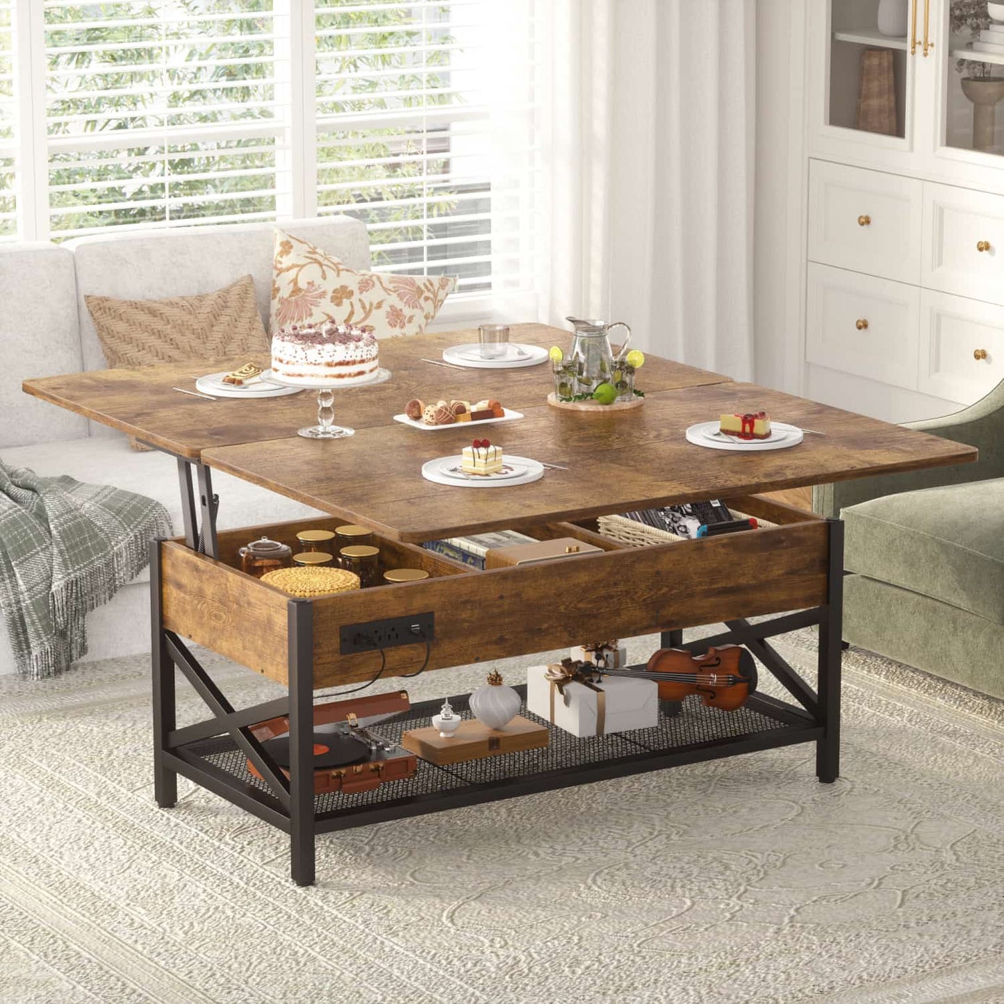 Coffee Table Lift Top with LED Light and Power Outlet