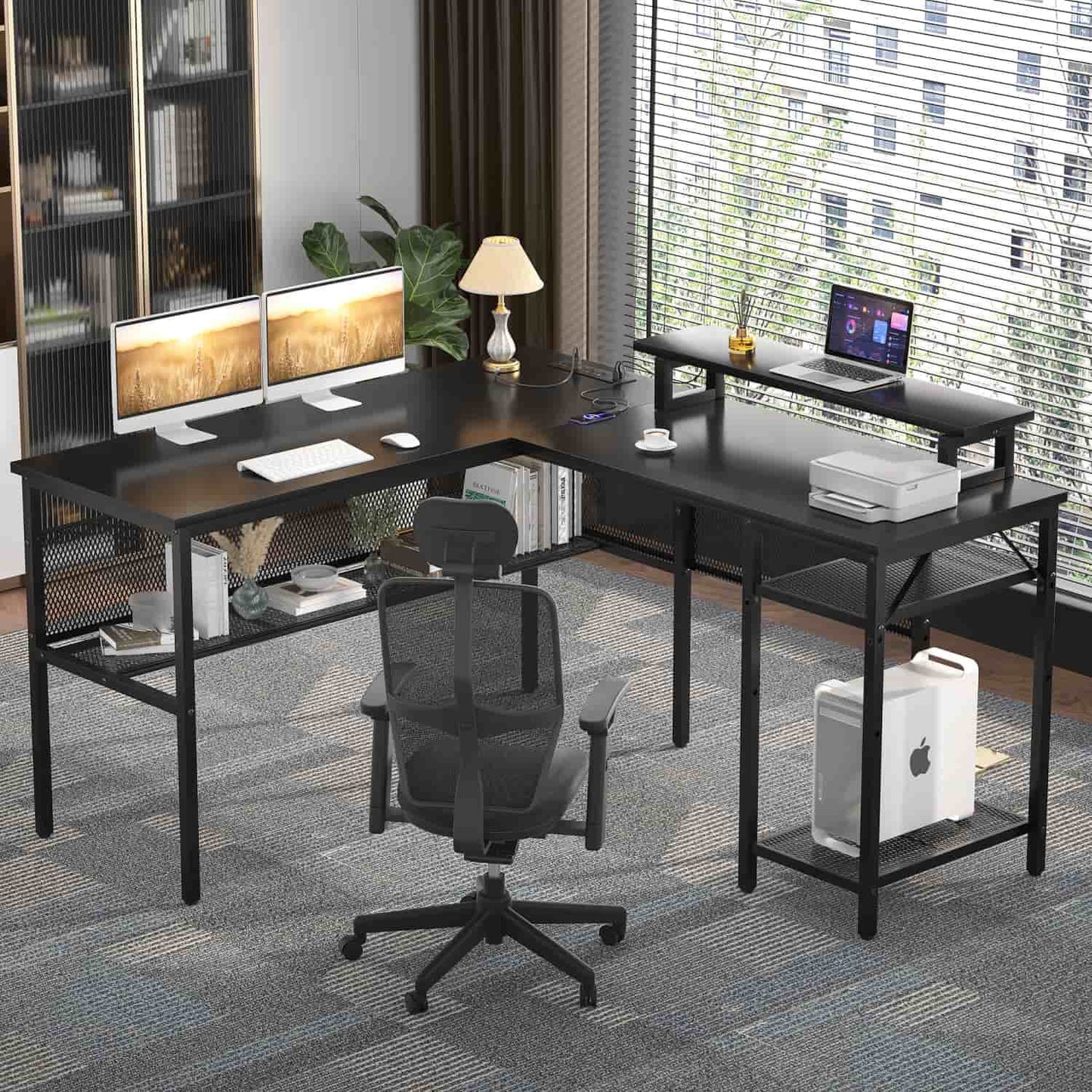 L Shape Desk with Charging Station, Computer Desk with LED Light