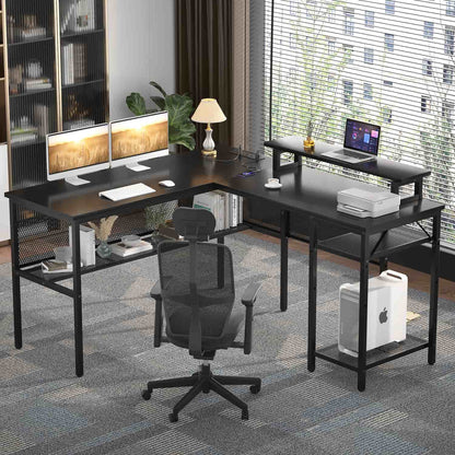 L Shape Desk with Charging Station, Computer Desk with LED Light