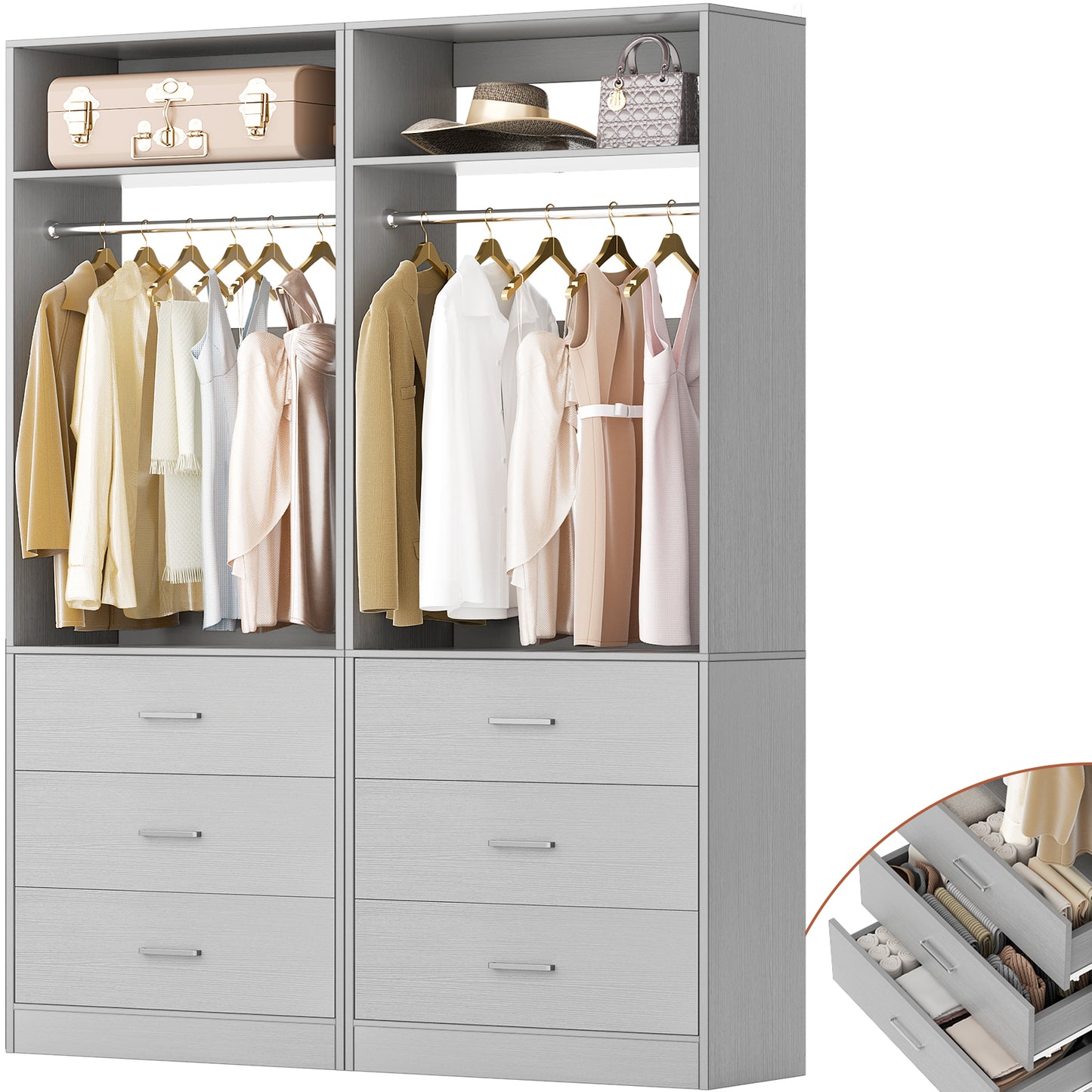 Closet System Set of 2, 4FT Closet Systems with 6 Wood Drawers