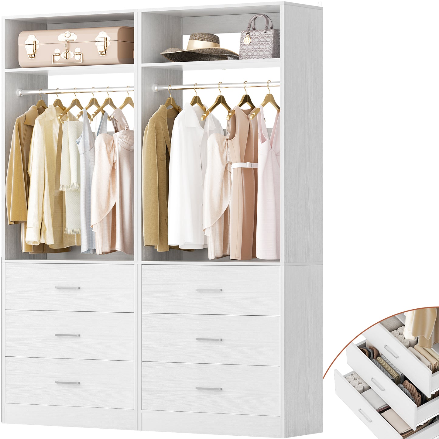 Closet System Set of 2, 4FT Closet Systems with 6 Wood Drawers