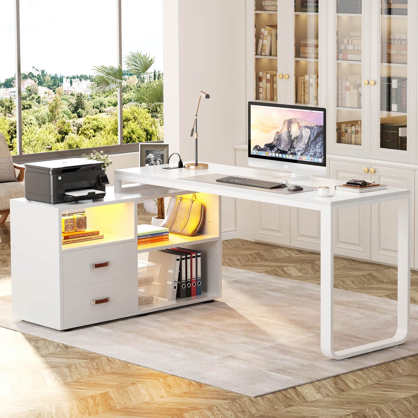 62" L Shaped Computer Desk with File Drawer, LED Lights
