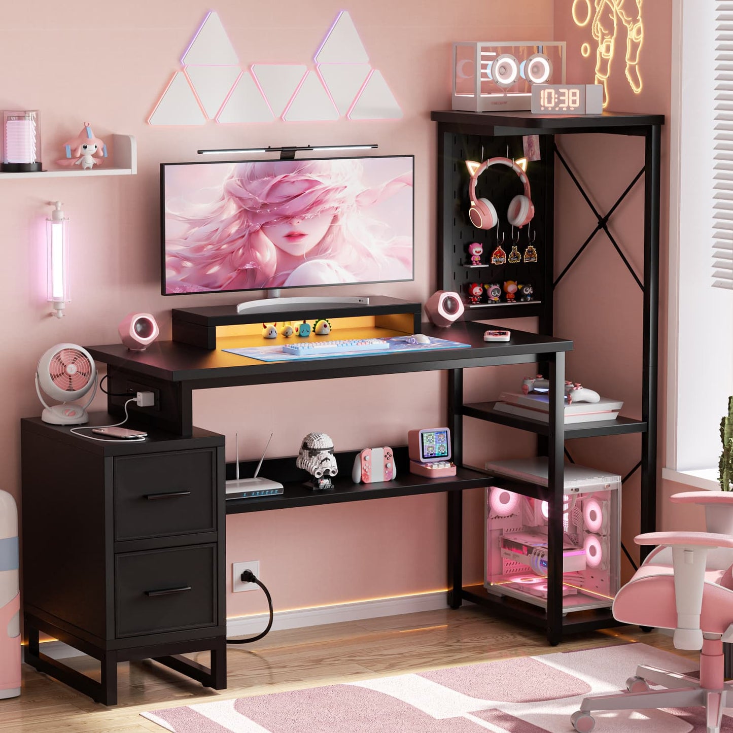 Computer Desk with Power Outlets and Fabric Drawers
