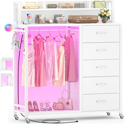 Dresser for Bedroom with Clothes Rack & Shelves, 5 Drawers Dresser with Charging Station