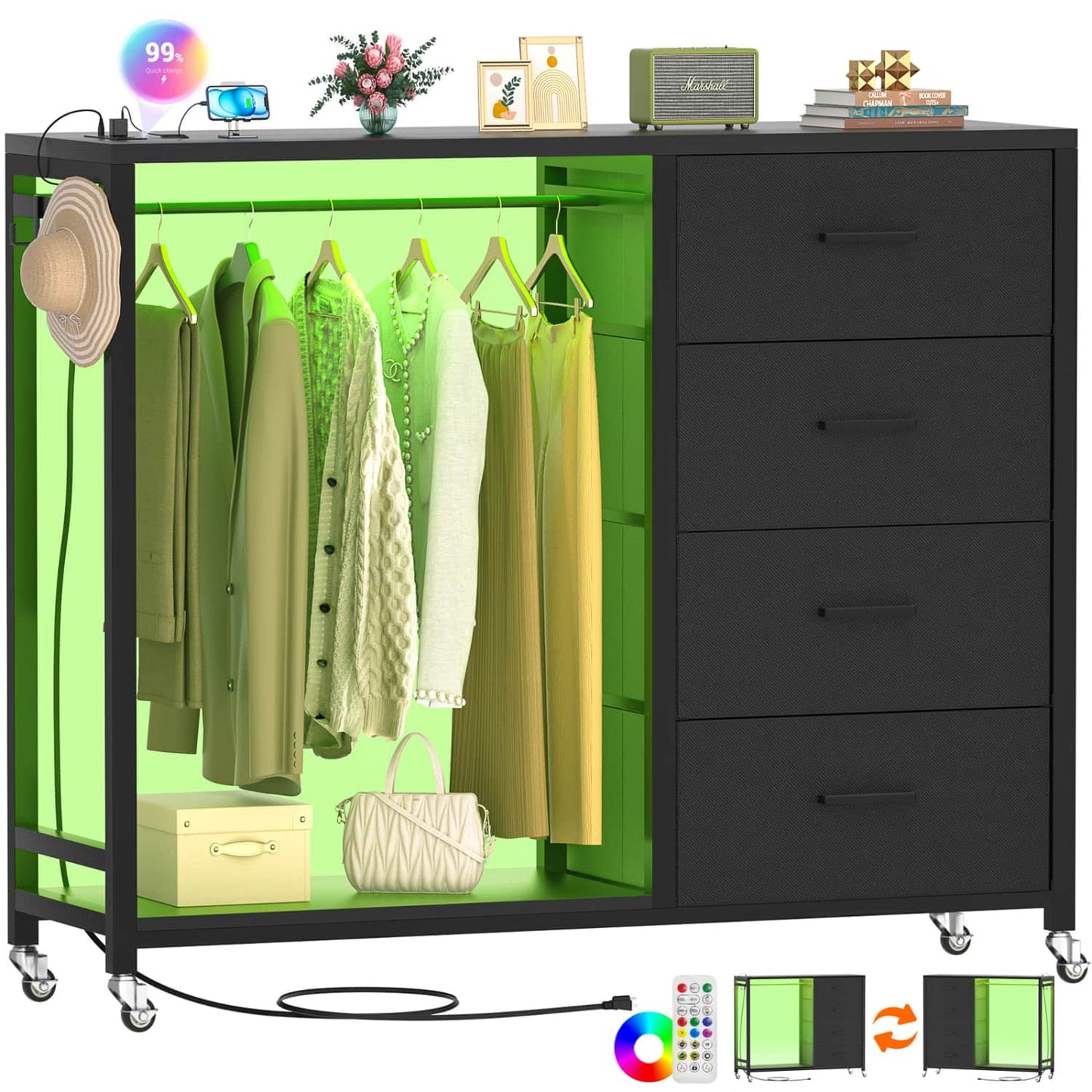 Dressers with Clothes Rack, Charging Station and Led Light, 4 Drawers Dresser for Bedroom