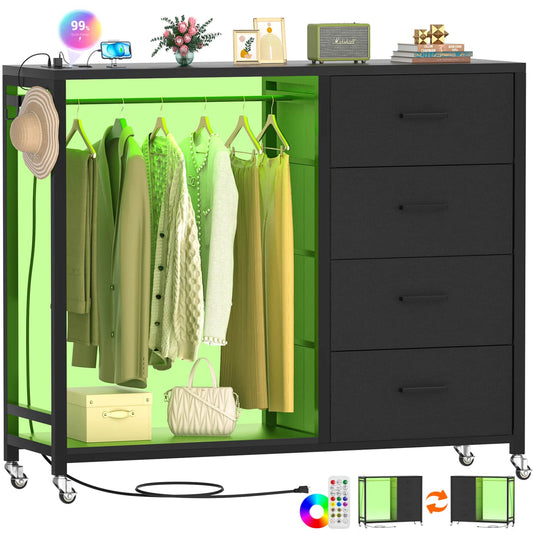 Dressers with Clothes Rack, Charging Station and Led Light, 4 Drawers Dresser for Bedroom