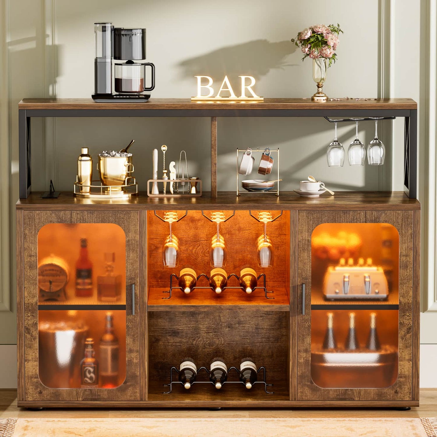 Wine Bar Cabinet with Glass Holders and and Doors, Buffet Wine cabinet with Power Outlet