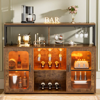 Wine Bar Cabinet with Glass Holders and and Doors, Buffet Wine cabinet with Power Outlet