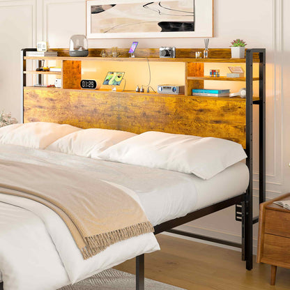 King Headboard with Storage shelves and Charging Station, Wood Headboard with LED Light