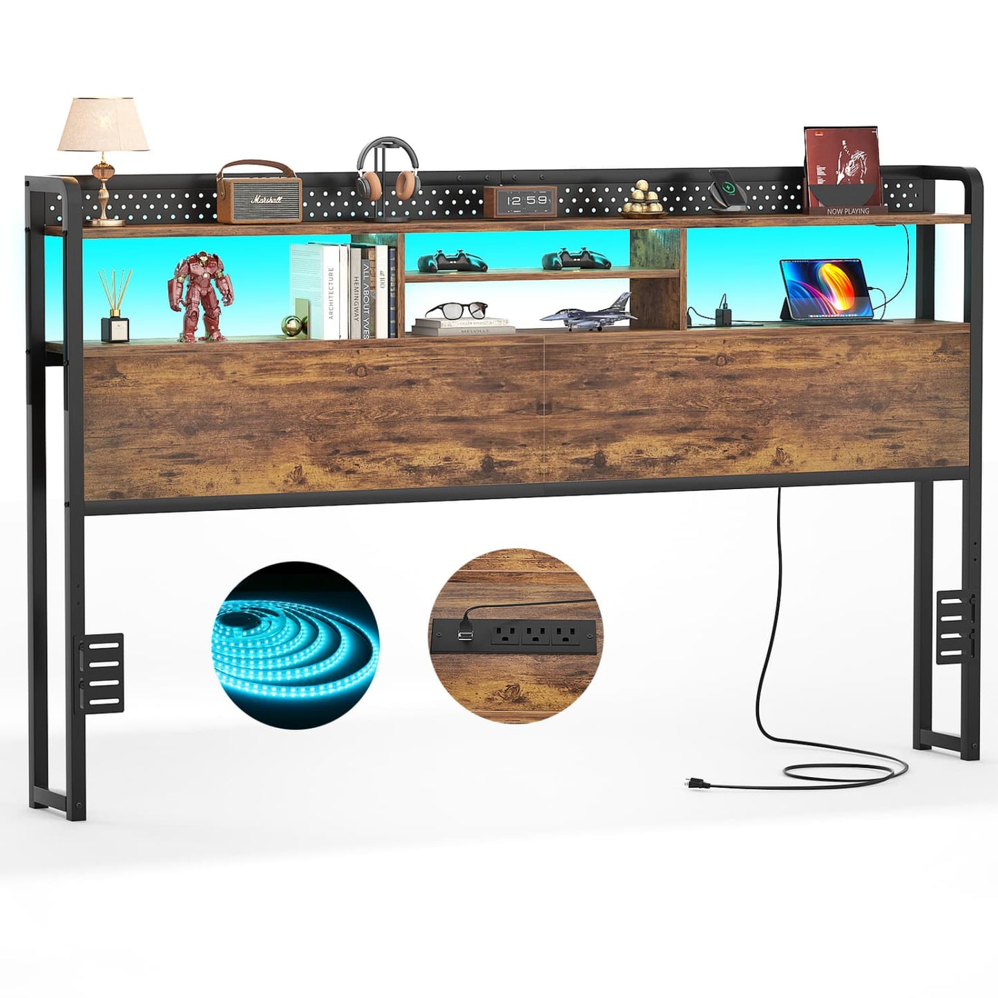 King Storage Headboard with Led Lights & Charging Station