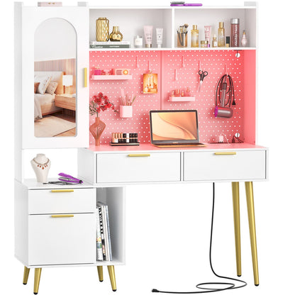 Makeup Vanity with Hutch, LED Lighted Mirror & Charging Station