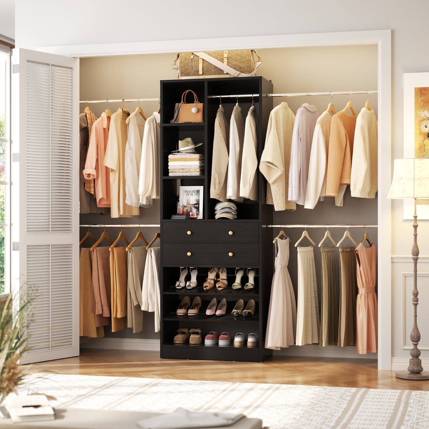 Wooden Closet System with Shoes Shelf and Drawer, Closet Organizer Storage with Drawer