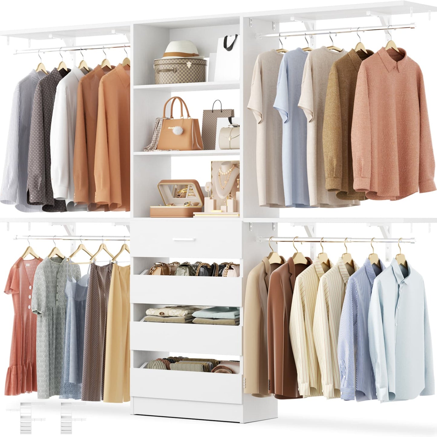 8FT Closet Organizer System with 4 Wooden Drawers & Hanging Rods