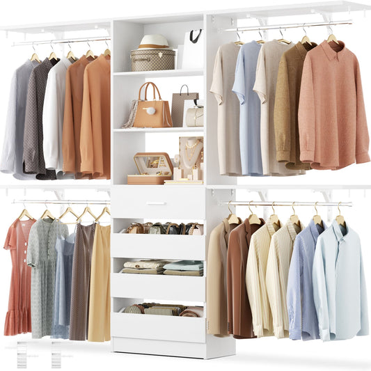 8FT Closet Organizer System with 4 Wooden Drawers & Hanging Rods