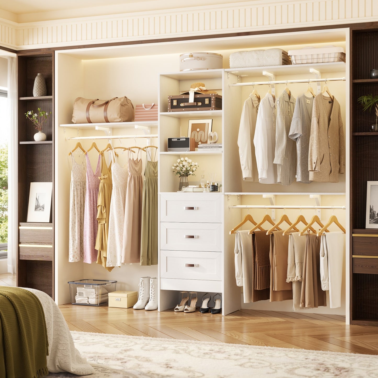 Closet Organizer System with Hanging Rods and Shelves, Wardrobe System with Drawers