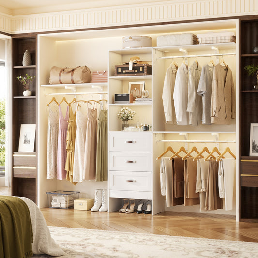 Closet Organizer System with Hanging Rods and Shelves, Wardrobe System with Drawers