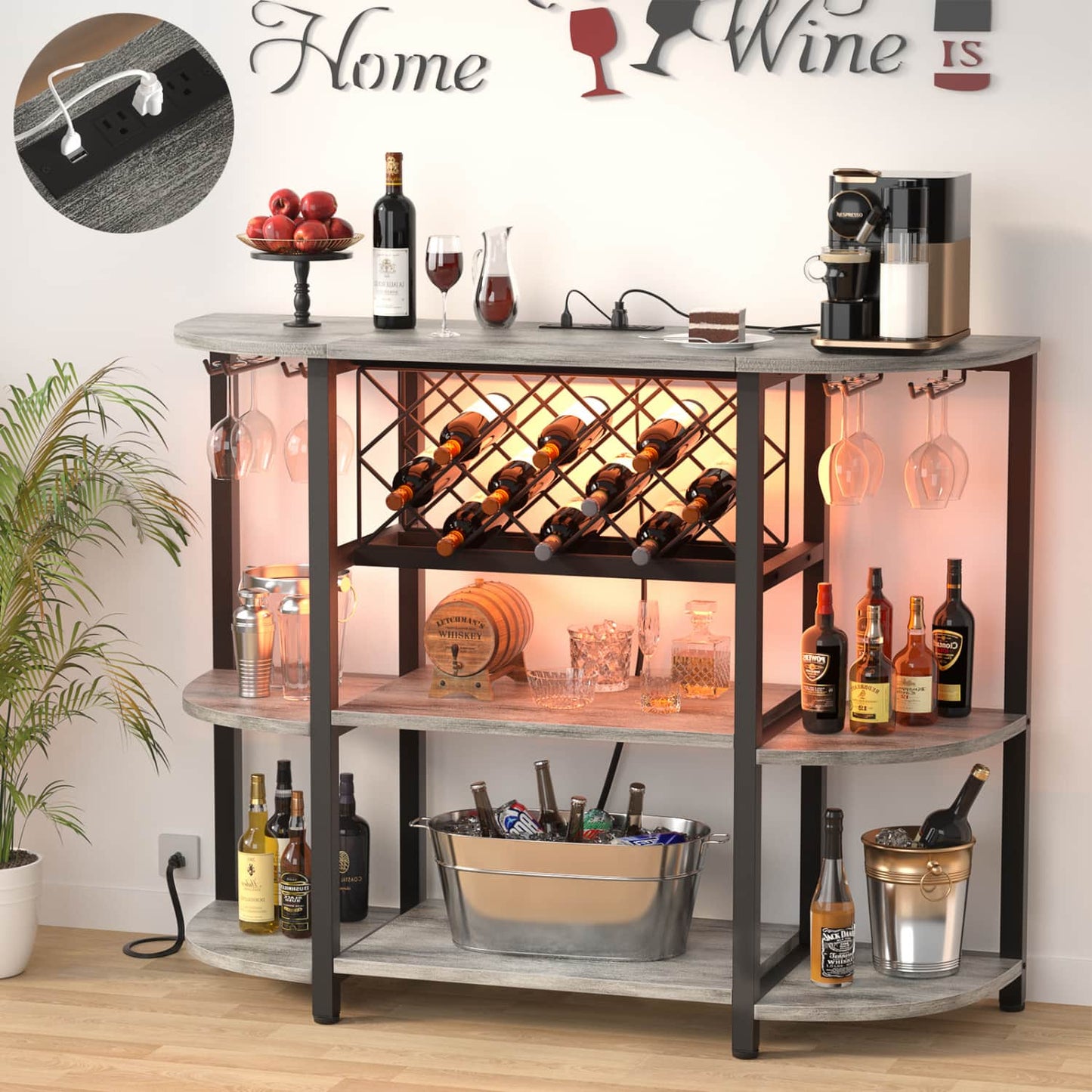 47.24" Storage Wine Cabinet with Lights and Outlets