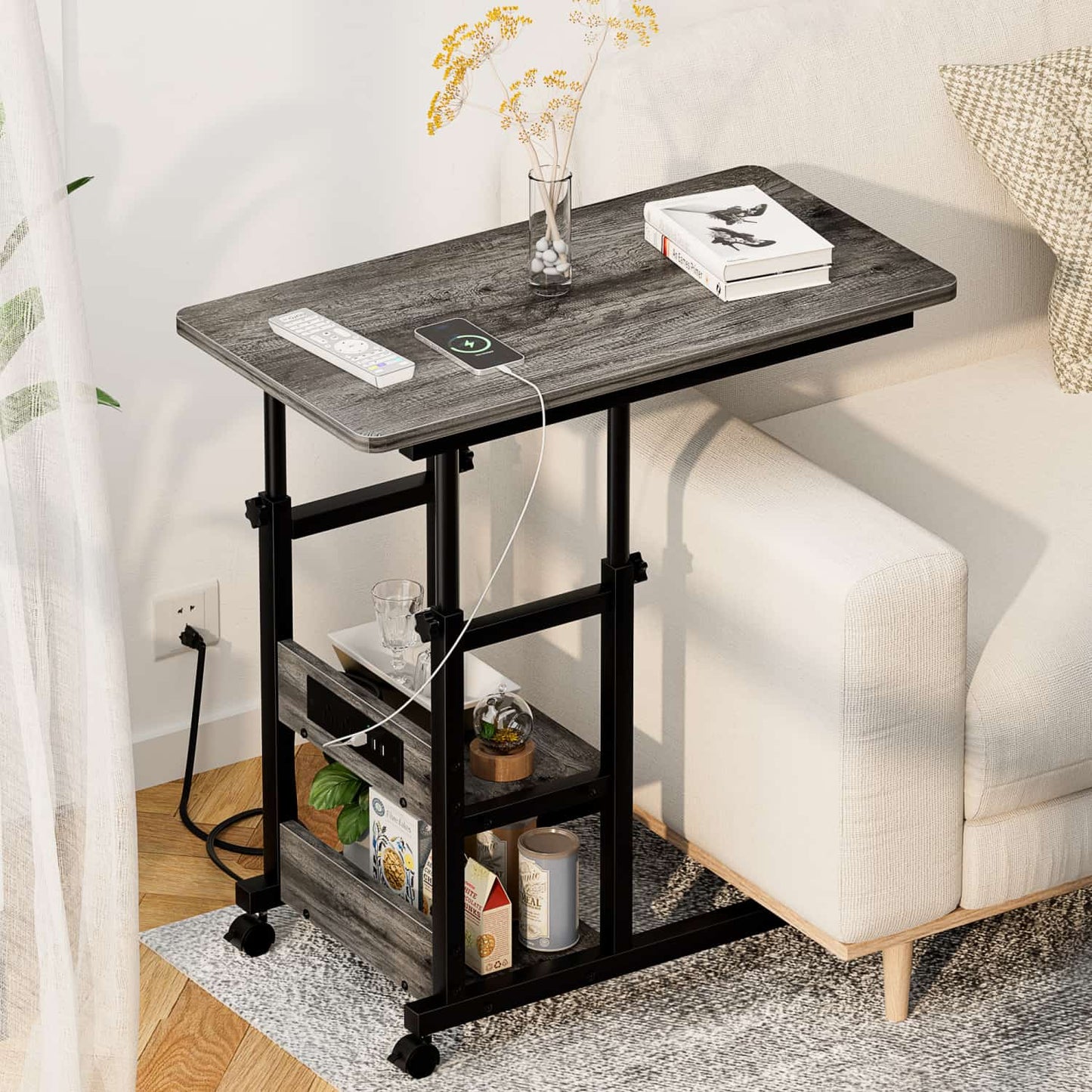 Height Adjustable C Table with USB Port and Wheels