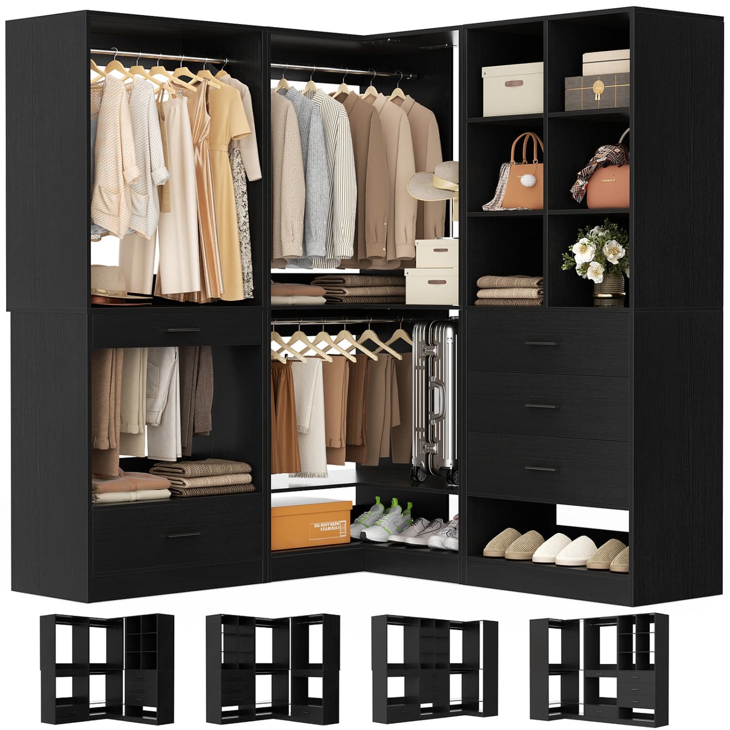 Corner Closet Oraganizer System with Drawers and Hanging Rods, Cube Storage Walk-in Closet System