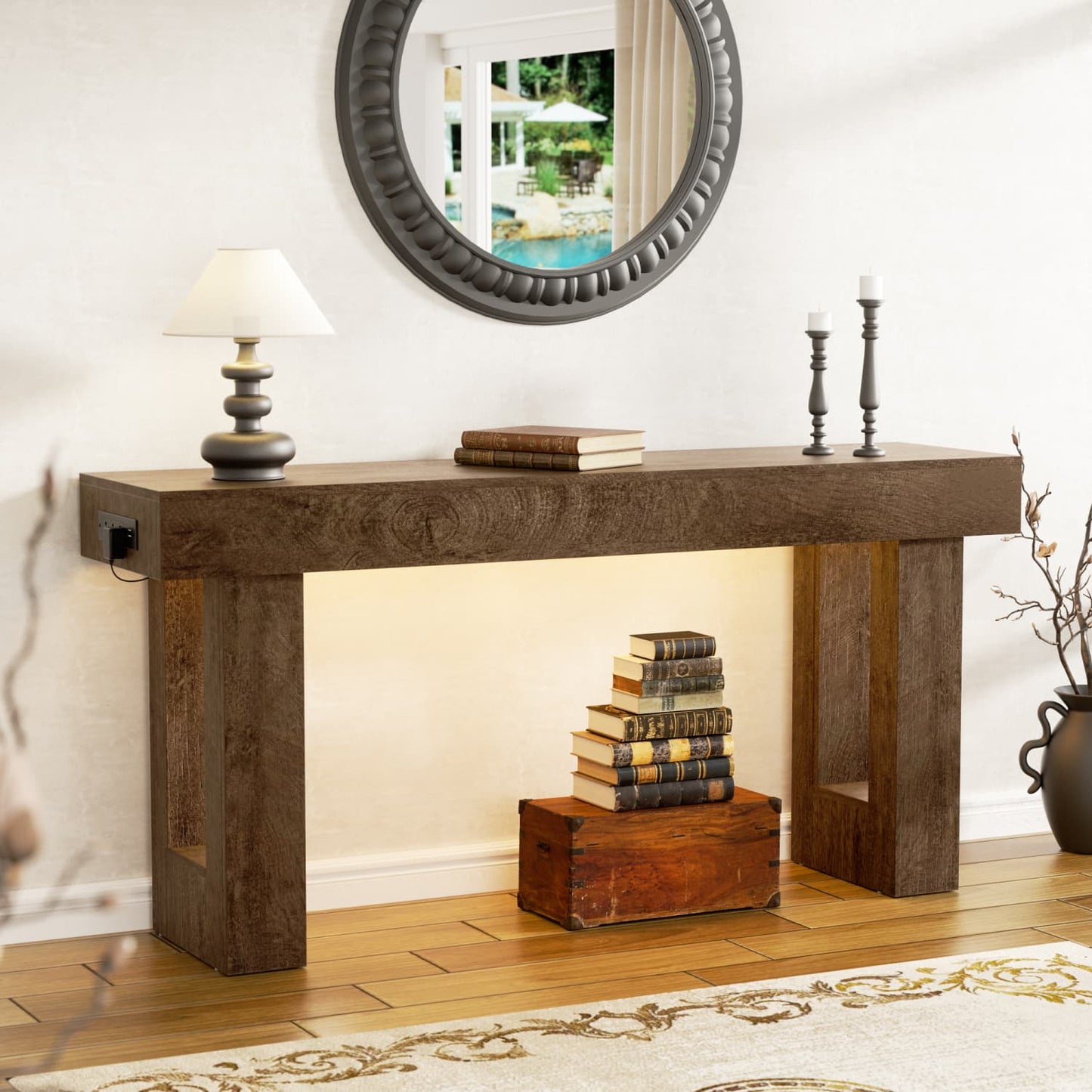 63inch Console Table with Power Outlets, Wood Narrow Entryway Table