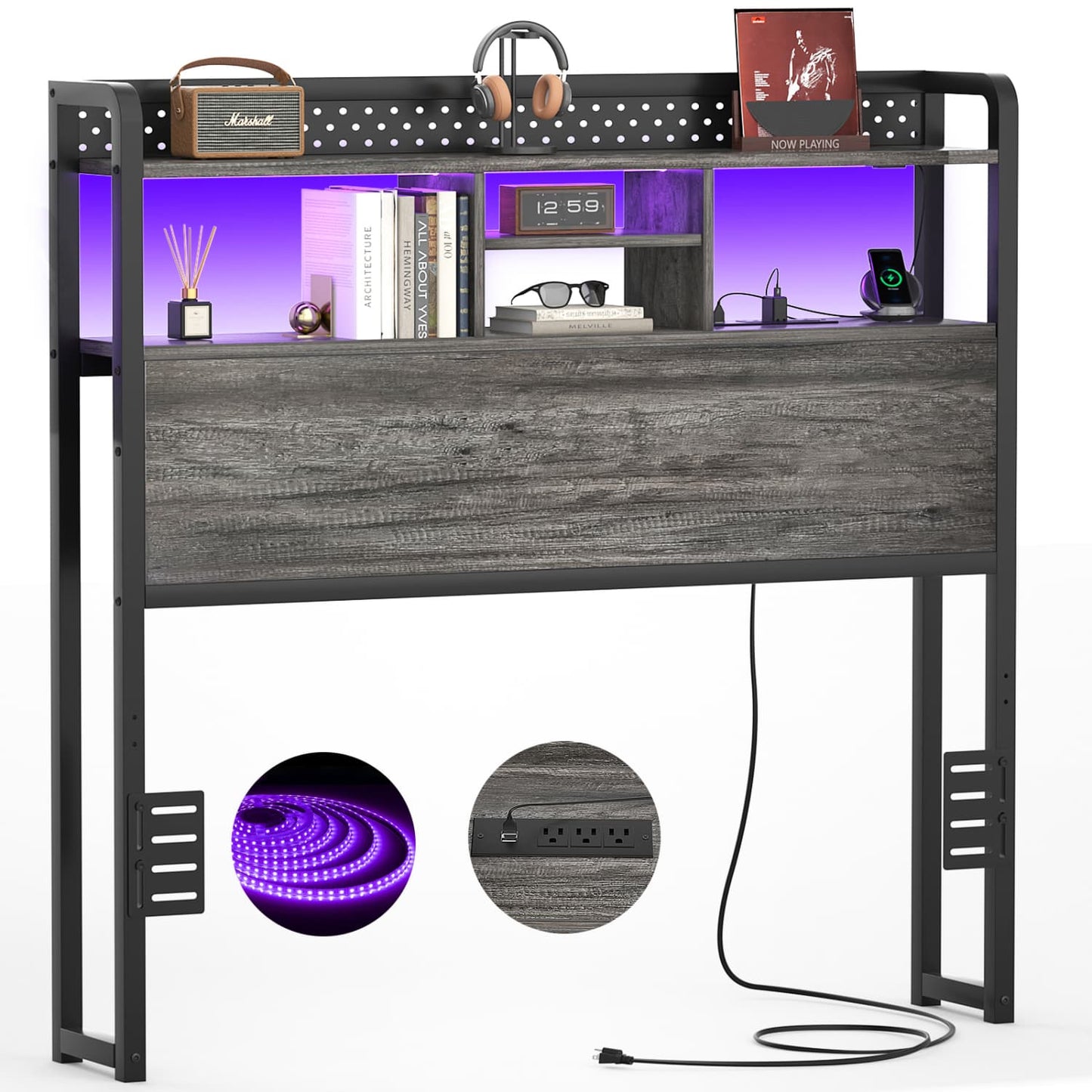 Twin Storage Headboard with Led Lights & Charging Station