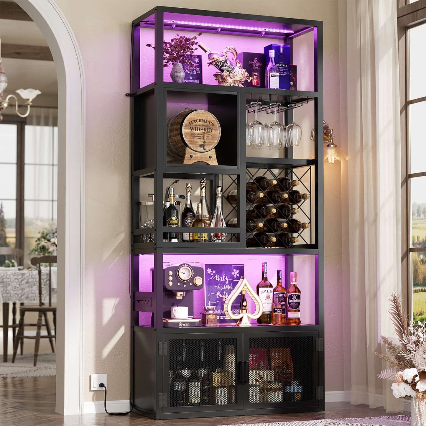 82.6" Tall Wine Bar Cabinet with LED Light and Outlets