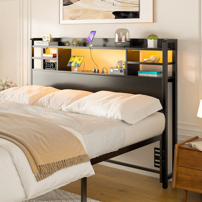 Full Headboard with Storage shelves and Charging Station, Wood Headboard with LED Light