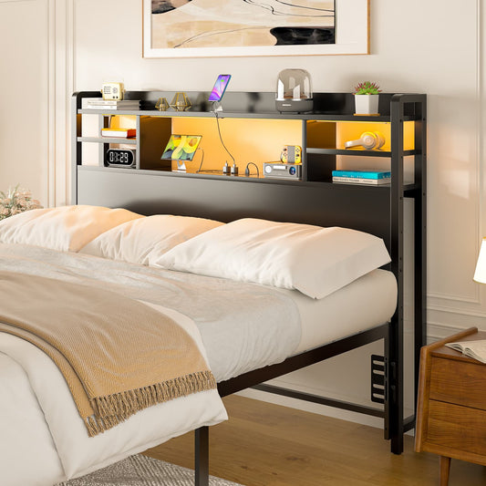 Full Headboard with Storage shelves and Charging Station, Wood Headboard with LED Light