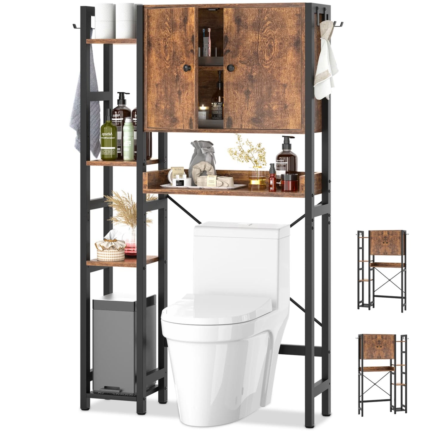 7-Tier Bathroom Organizer with Adjustable Shelf, Over The Toilet Storage Rack with 4 Hooks and Drawers