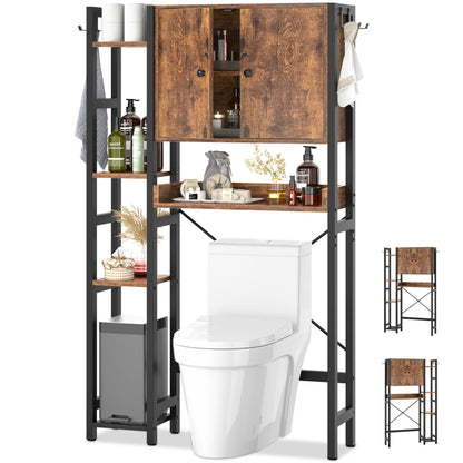 7-Tier Bathroom Organizer with Adjustable Shelf, Over The Toilet Storage Rack with 4 Hooks and Drawers