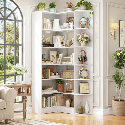 71" Tall 6-Tiers Corner Bookshelf with Open Storage, Wooden Display Shelves for Bedroom