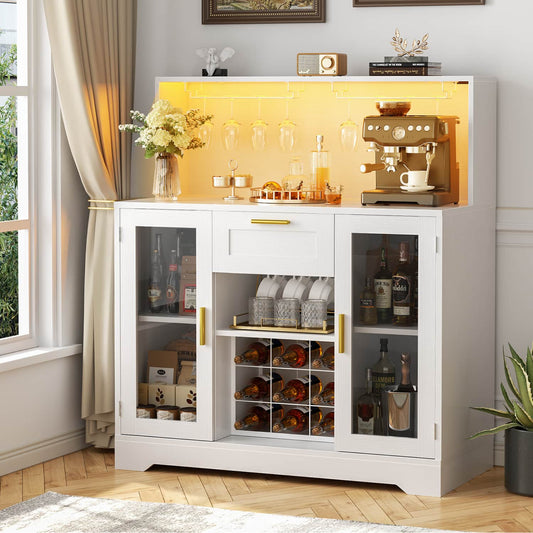 Wine Bar Buffet Table with Storage and Wine Rack, Coffee Bar Cabinet with Drawer