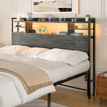 Queen Headboard with Storage shelves and Charging Station, Wood Headboard with LED Light