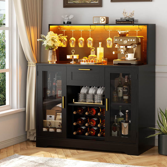 Wine Bar Buffet Table with Storage and Wine Rack, Coffee Bar Cabinet with Drawer