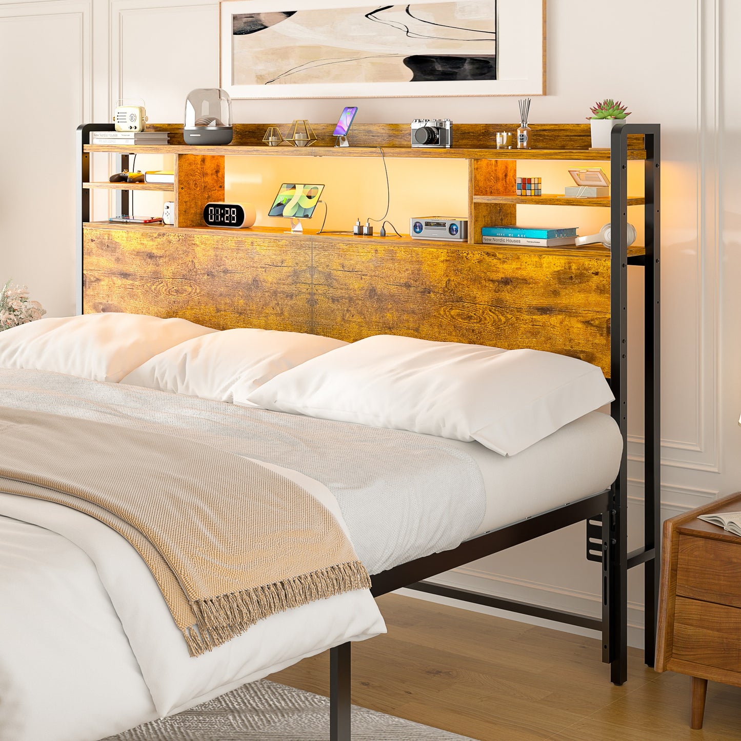 Queen Headboard with Storage shelves and Charging Station, Wood Headboard with LED Light