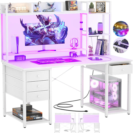 Computer Desk with LED Light, Power Outlet, Farbric Drawers