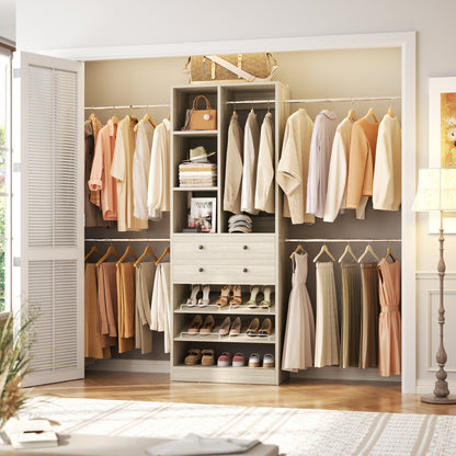 Wooden Closet System with Shoes Shelf and Drawer, Closet Organizer Storage with Drawer