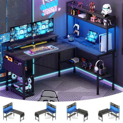 L-Shaped Computer Desk with Monitor and Hutch, Gaming Desk with Charging Station