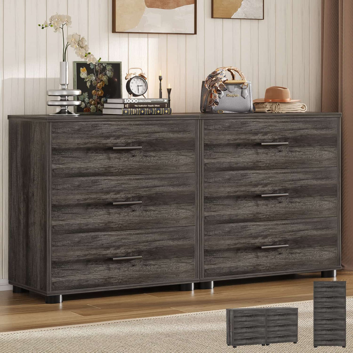 Set of 2 Wooden 6-Drawers Dressers with Storage, Closet Storage Cabinet and Nightstand