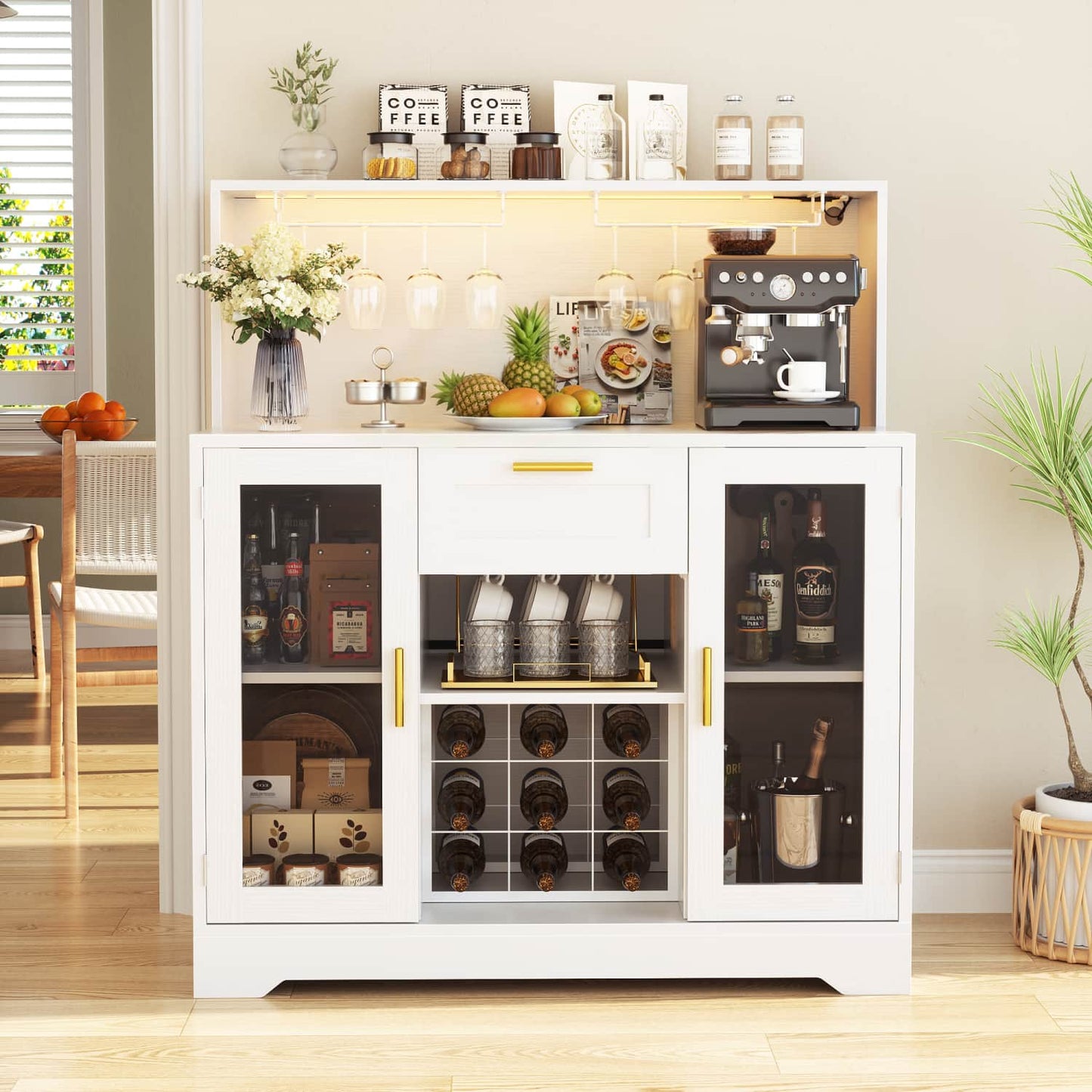 Kitchen Wine Bar Cabinet with Wine Rack and Door, Coffee Bar Buffet Table with Storage Drawer