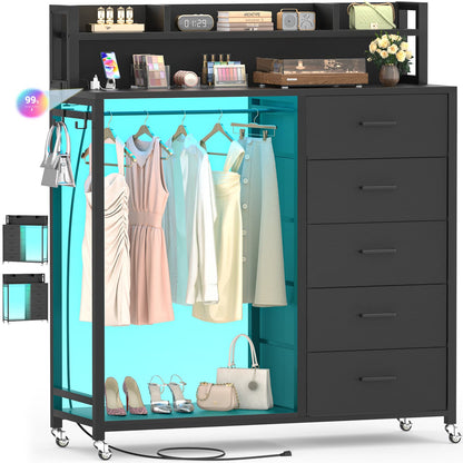 Dresser for Bedroom with Clothes Rack & Shelves, 5 Drawers Dresser with Charging Station